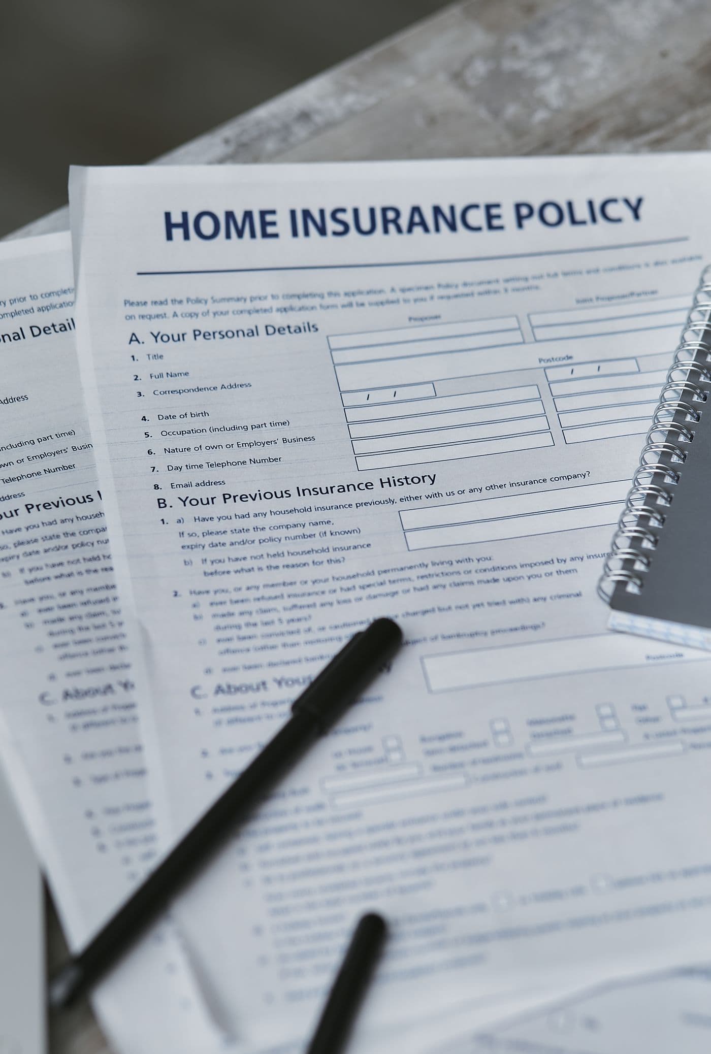 A home insurance claim form ready to be filled out